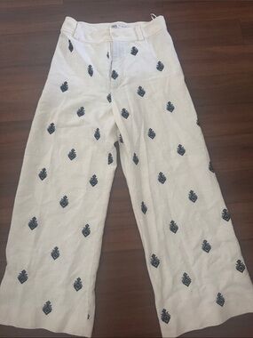 Zara White Embroidered Wide-Leg Linen Pants